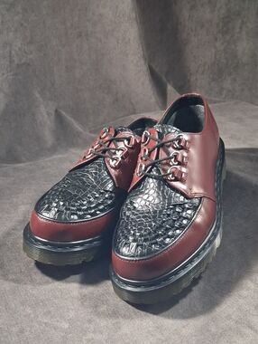 Dr. Martens Ramsey Cherry + Black Woven Leather Crocodile Creepers VG- US M9 W10